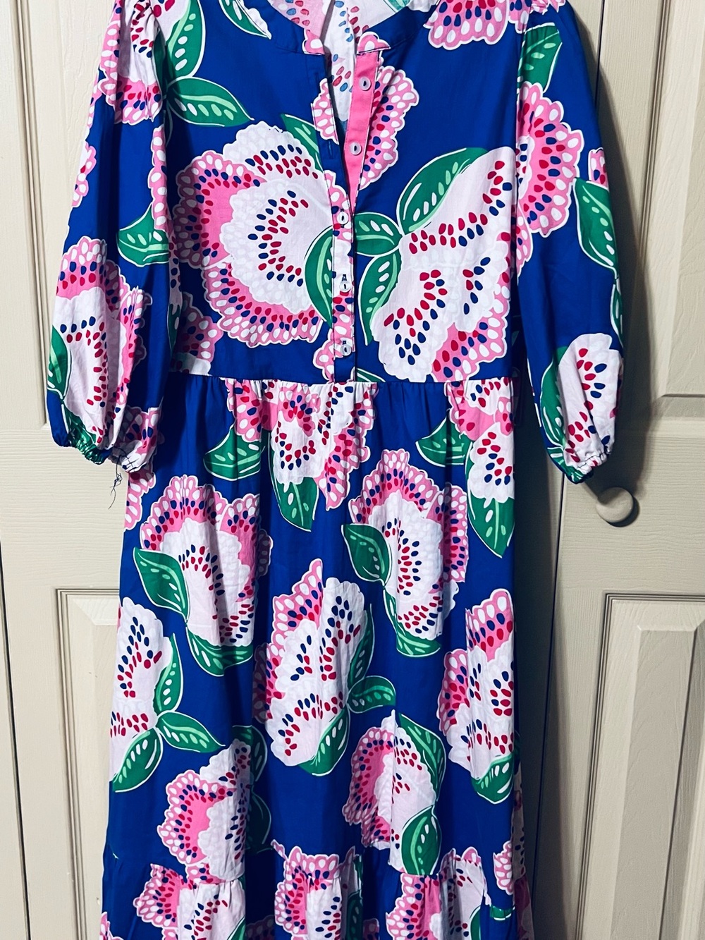 Mary Square Blue Floral Midi Dress with Pink & Green Accents size Small